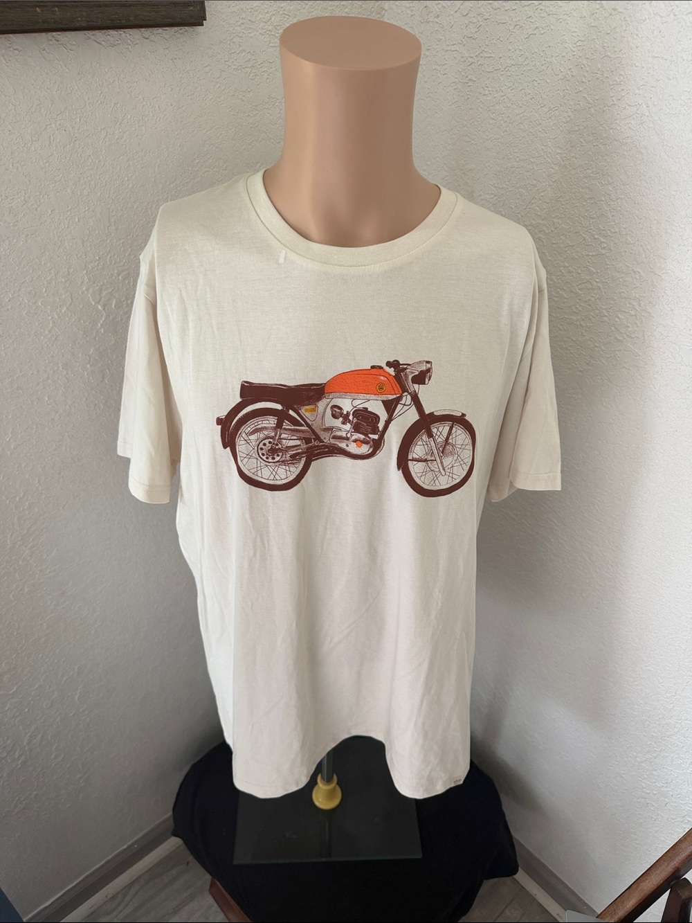 Men's Cream Graphic Tee with Orange Motorcycle Print